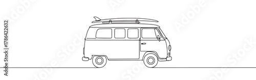 Continuous line drawing of a retro van with a surfboard on top, representing travel, adventure, and beach lifestyle, isolated on a white background