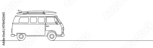Continuous line drawing of a retro van with a surfboard on top, representing travel, adventure, and beach lifestyle, isolated on a white background