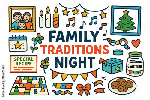 Family Traditions Night. Family traditions night. Colorful Hand-drawn doodle Children illustration Family traditions night framed photos, candles, special