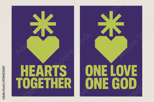 Unity of Hearts Banners. Unity of Hearts. Two vertical A6 banners with safe margins, centered composition, no elements touching edges, brutalist, royal purple