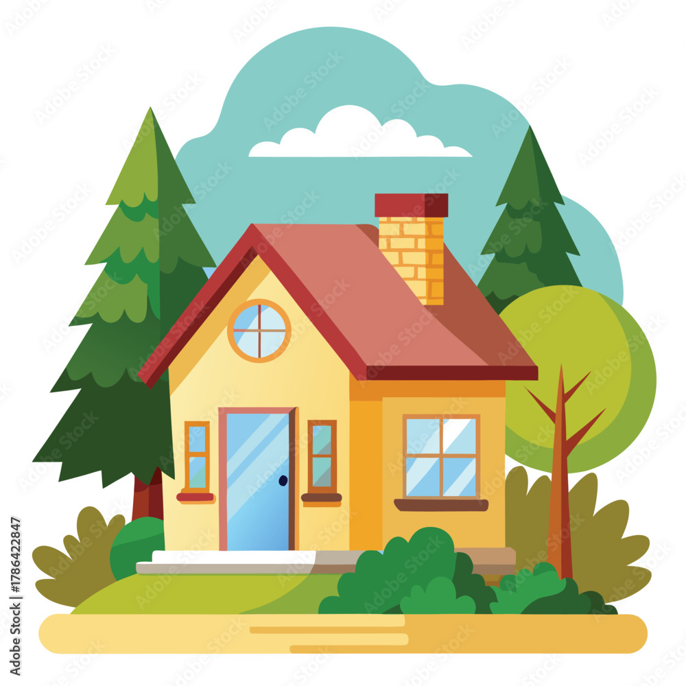Fototapeta premium Cartoon House Surrounded by Trees and Bushes Keywords: house, home, cottage, building, cartoon