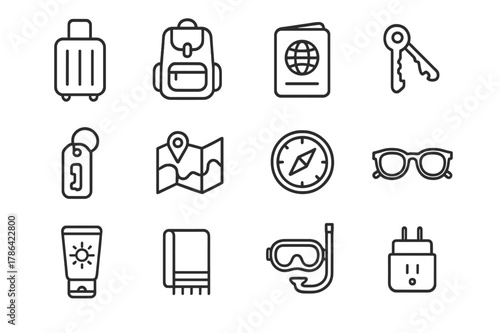 Travel Accessories Icons. travel accessories display. Line icon set of travel accessories display: suitcase, backpack, passport, plane ticket, hotel key, map,