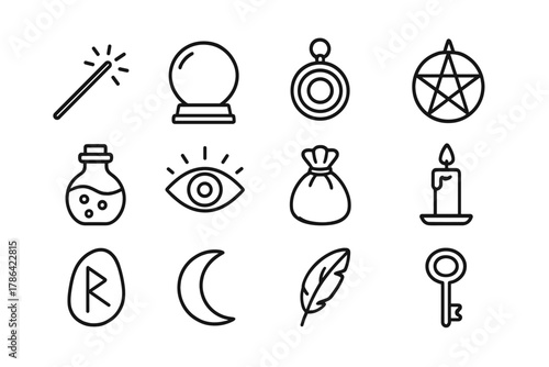 Enchanted Icons Outline. Enchanted items set. Line outline icon set of enchanted items set: wand, crystal ball