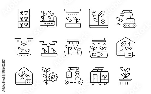 Sustainable smart farming icons: hydroponics, aquaponics, and urban agriculture in linear style