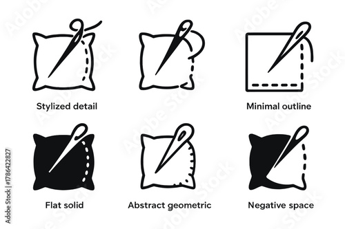 Sewing Logo Variations. Sewing pillowcase. Set Logo of Sewing pillowcase: needle stitching along edge. harmonious logo variations of the same emblematic