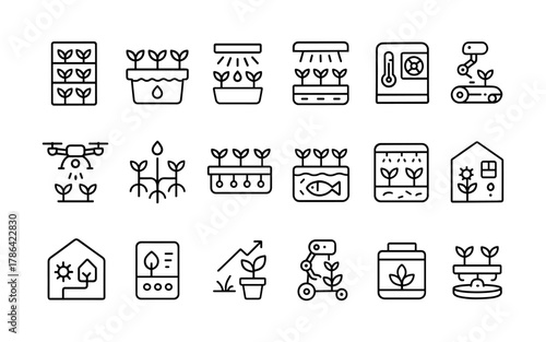 Smart linear icons of modern indoor farming and hydroponic technologies