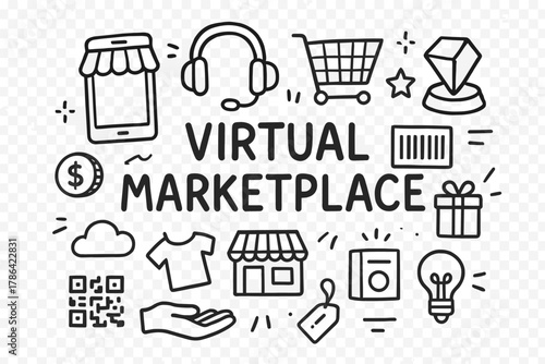 Virtual Marketplace Doodle. Virtual Marketplace. Hand-drawn doodle illustration of Virtual Marketplace.
