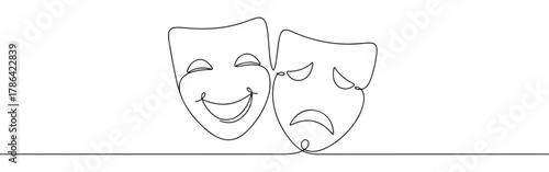 Continuous line drawing of comedy and tragedy masks, symbolizing the duality of theatre and human emotions, isolated on a white background
