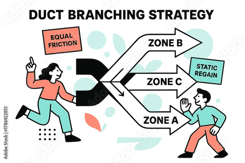 Duct Design Dynamics. Duct Branching Strategy. A Y-junction bursts into clean arrows, each path labeled ?Zone A / Zone B / Zone C.? Floating sticky-notes