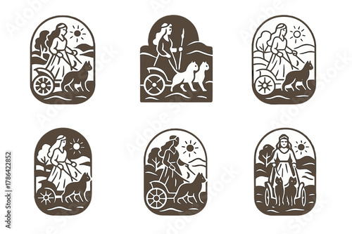 Divine Logo Variations. Ancient gods and goddesses in a mystical landscape. Set Logo of Ancient gods and goddesses in a mystical landscape: Freyja cats. Icon