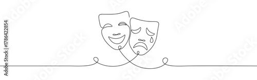 Continuous line drawing of comedy and tragedy masks, symbolizing the duality of theatre and human emotions, isolated on a white background