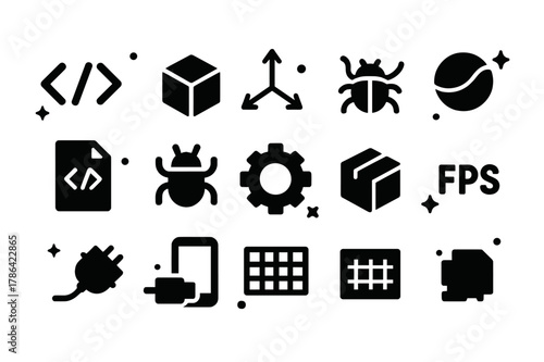 Augmented Reality Icons. augmented reality development. Solid icons set of augmented reality development: code brackets, game engine cube, 3D axis gizmo,