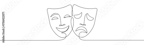 Continuous line drawing of comedy and tragedy masks, symbolizing the duality of theatre and human emotions, isolated on a white background