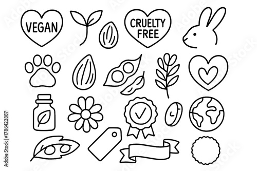 Vegan Labels Doodles. Vegan and cruelty-free labels. Hand-drawn doodle illustration Vegan and cruelty-free labels leaf heart, plant sprout, bunny outline, paw