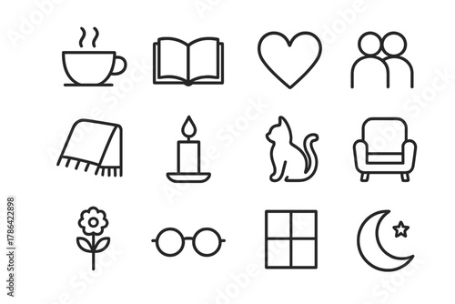 Peaceful Moments Icons. Peaceful moments. Line outline icon set of peaceful moments: tea cup, book, heart,