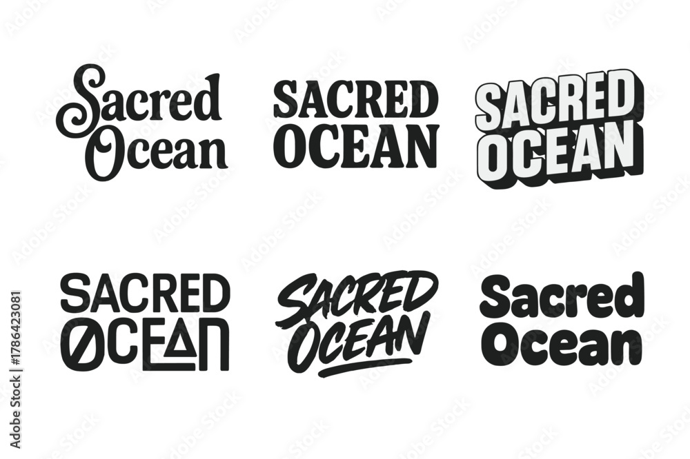 Obraz premium Sacred Ocean Lettering. Sacred Ocean. Set lettering. harmonious lettering variations of the same emblematic concept (Whimsical curly type with flourishes,