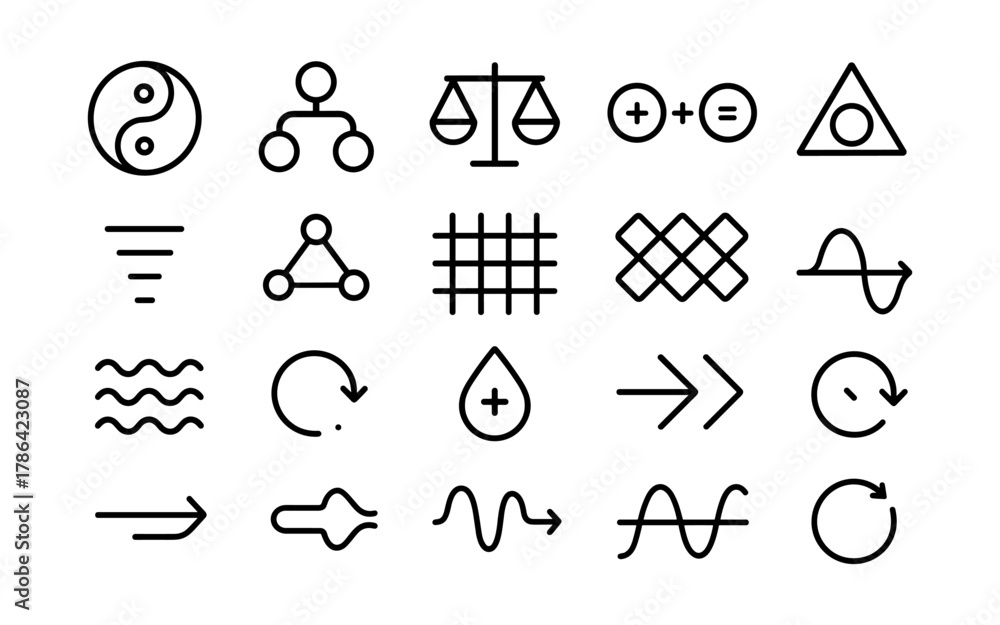 Fototapeta premium Minimalist outline icons collection: science, math, nature, and balance symbols