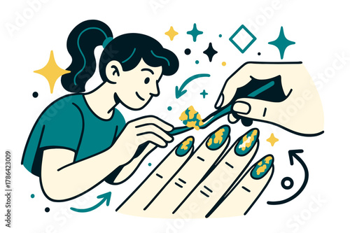 Creative Foil Manicure. Foil nails. Nail artist applying metallic foil to nails with abstract floating sparkles, arrows, and geometric icons; conveys