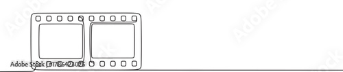 Continuous line drawing of a film strip, symbolizing cinema, photography, and vintage media, isolated on a white background
