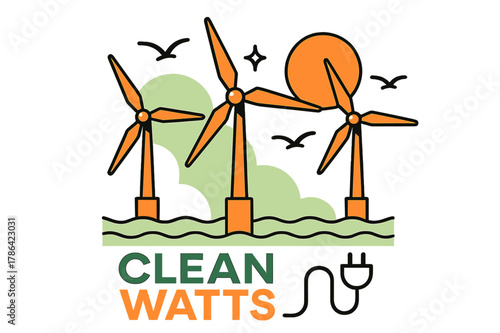 Offshore Wind Majesty. Offshore Wind Turbines. Slow-blade giants turn above gentle waves as seabirds trace tidy arcs; ?Clean Watts? hovers near a cable icon.