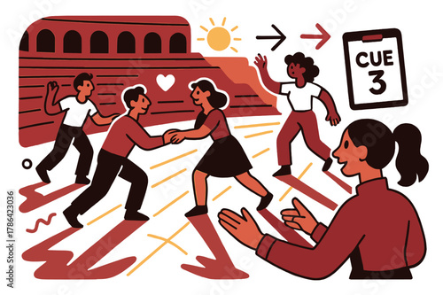 Golden Hour Rehearsal. Amphitheater ? Golden Hour Rehearsal. Performers block scenes with relaxed focus; sun streaks carve long shadows on the stone floor.