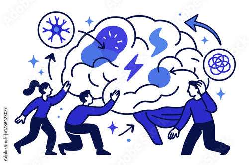 Brain Disorders Illustration. Brain disorders and conditions. Abstract illustration of brain disorders showing affected regions with floating neural icons,