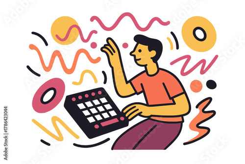 Sonic Waveform Creation. Experimental Sound Design. A person creates new tones using digital instruments;