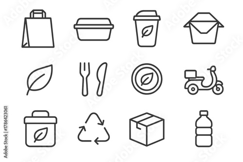 Eco Delivery Icons. Eco-friendly food delivery icons. Line outline icon set of eco-friendly food delivery