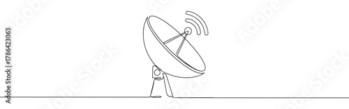 Continuous line drawing of a satellite dish, symbolizing communication and broadcast technology, isolated on a white background