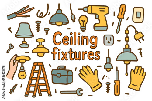 Ceiling Fixtures Doodle. Ceiling fixtures. Hand-drawn doodle illustration of ceiling fixtures. Ceiling lamp,
