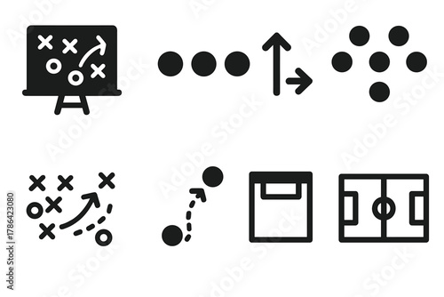 Tactical Drills Icons. Tactical drills. Filled icon set of tactical drills: strategy board, player markers,