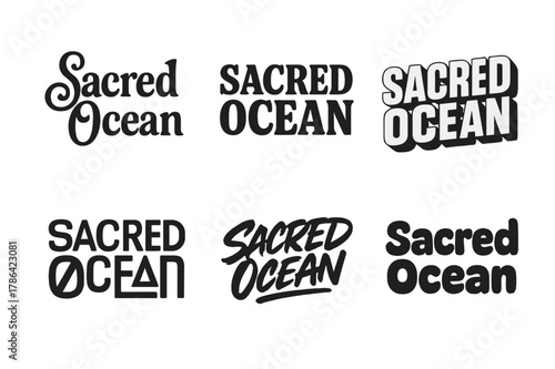 Sacred Ocean Lettering. Sacred Ocean. Set lettering. harmonious lettering variations of the same emblematic concept (Whimsical curly type with flourishes,
