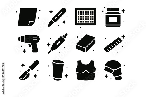 EVA Foam Armor Icons. EVA foam armor building. Solid icons set of EVA foam armor building: EVA foam sheet, craft knife, cutting mat, contact cement, heat gun,