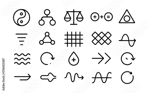 Minimalist outline icons collection: science, math, nature, and balance symbols