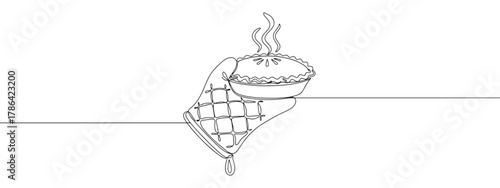 Continuous line drawing of a hand in an oven mitt holding a hot pie, symbolizing home baking and fresh food, isolated on a white background
