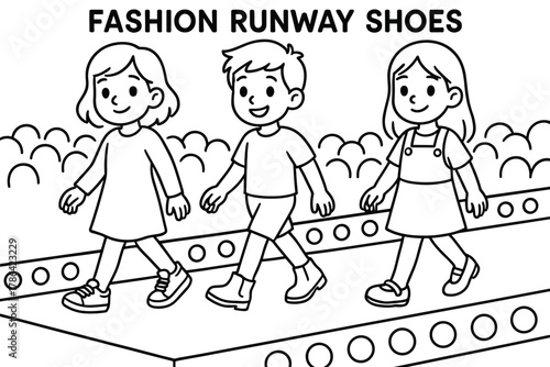Kids Fashion Runway. Fashion runway shoes children?s coloring book illustration, outlined drawing, models