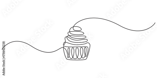 Cupcake with cherry drawn in one continuous line in color. Single line drawing, minimalism. Doodle graphic art vector illustration, Cupcake with cherry drawn in one continuous line in color. One line 