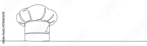 Continuous line drawing of a chef's hat, symbolizing cooking, culinary arts, and professional cuisine, isolated on a white background