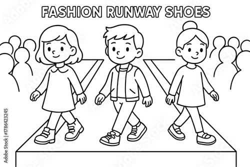 Fashion Runway Coloring. Fashion runway shoes children?s coloring book illustration, outlined drawing, models