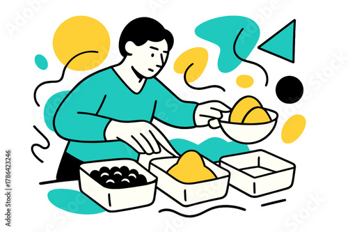 Organized Food Rationing. Rationing Food. Person filling containers with measured food portions with floating abstract geometric shapes, careful and organized