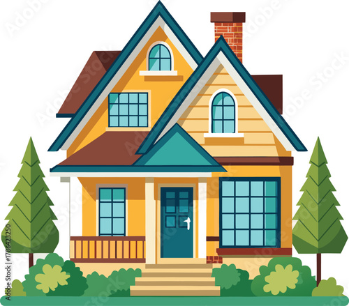 Cartoon Style Yellow House with Green Trees and Bushes