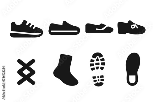 Casual Shoes Icon Set. Casual shoes. Filled icon set of casual shoes: sneaker, slip-on, sandal, moccasin, lace