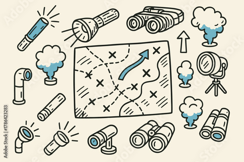 Military Strategy Map. Tactics a map marked with military strategy during war. Hand-drawn doodle illustration a map marked with military strategy during war,