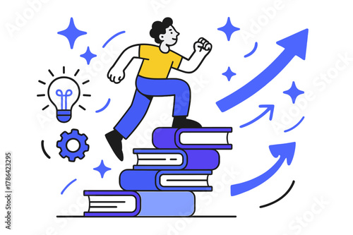 Climbing Success Steps. Self-improvement. Person climbing symbolic steps made of books and ideas; glowing