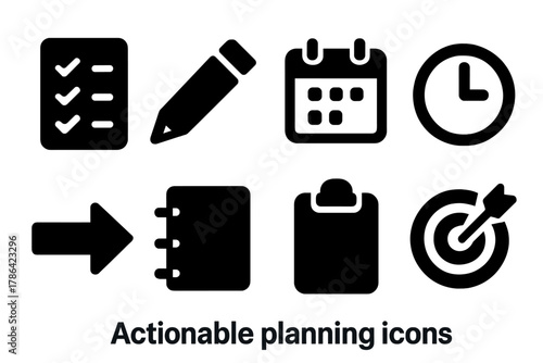 Actionable Planning Icons. Actionable planning. Filled icon set of actionable planning: checklist, pencil,