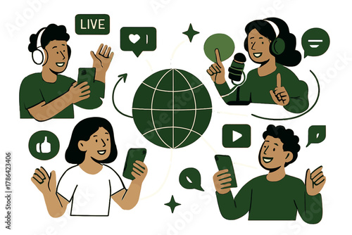 Global Content Connection. Content democratization. Diverse creators streaming, podcasting, and posting online