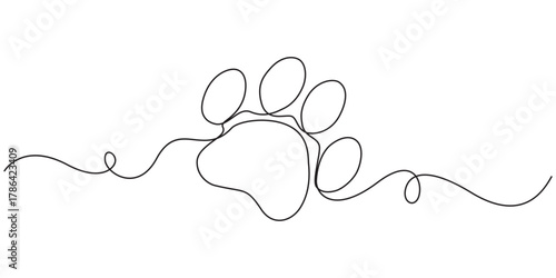 Continuous one line drawing of a animal paw pad, One line drawing of a dog paw print in minimalist vector outline style, isolated on white background.