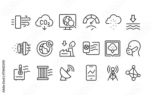Environmental impact icons: linear style set highlighting climate change and pollution symbols