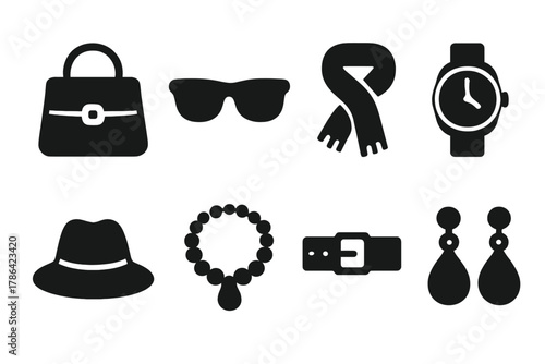 Fashion Accessory Icons. Fashion accessories. Filled icon set of fashion accessories: handbag, sunglasses,
