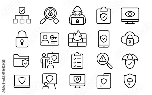 Cybersecurity linear icons set with lock, firewall, and privacy symbols